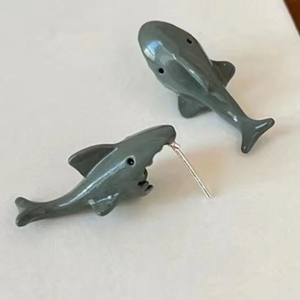 Small Shark Biting Ears Cute Funny Design| Earring Art Stud Jewelry Gift - Picture 5 of 5